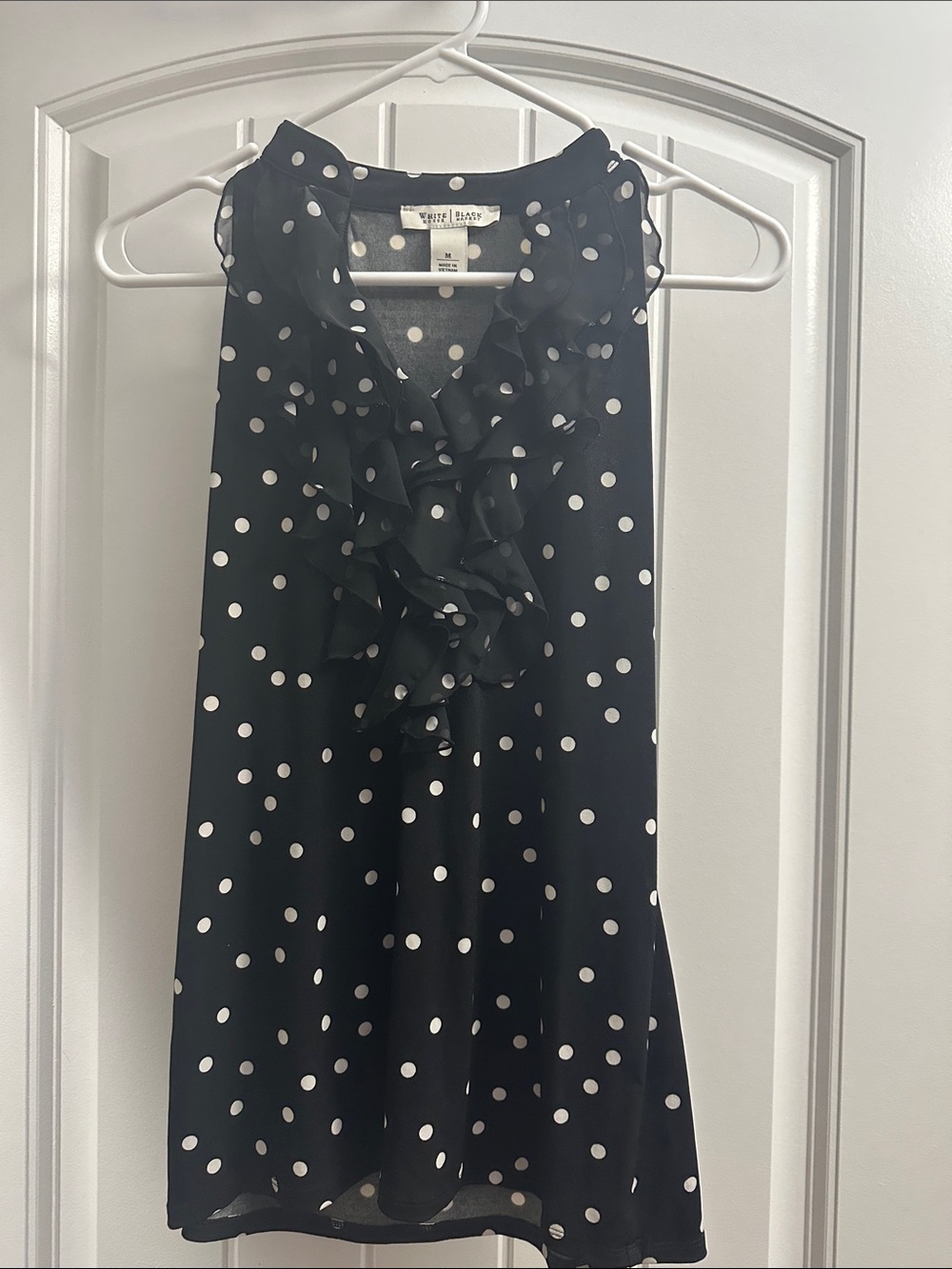 White House Black Market Black and White Polka Dot Ruffle neck top - medium